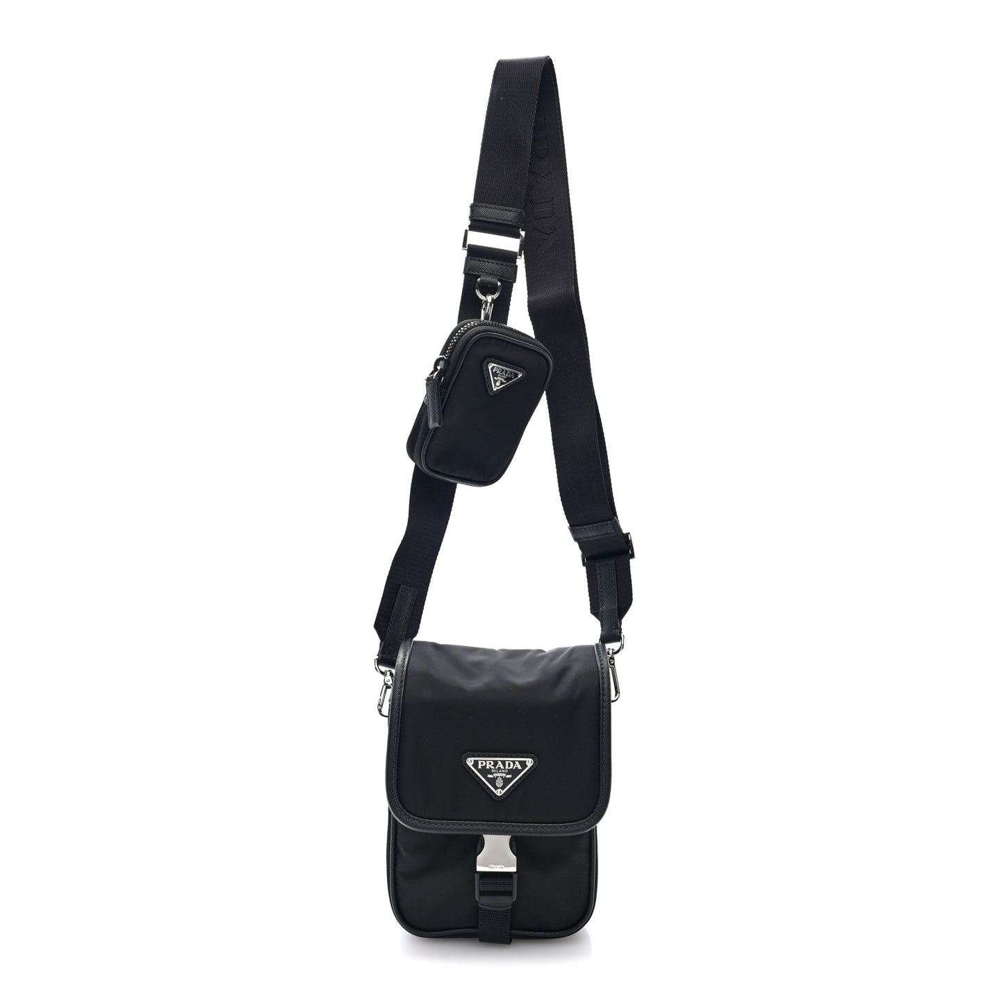 Re-Nylon Saffiano Mini Pocket Single Snap Buckle Messenger Bag Black