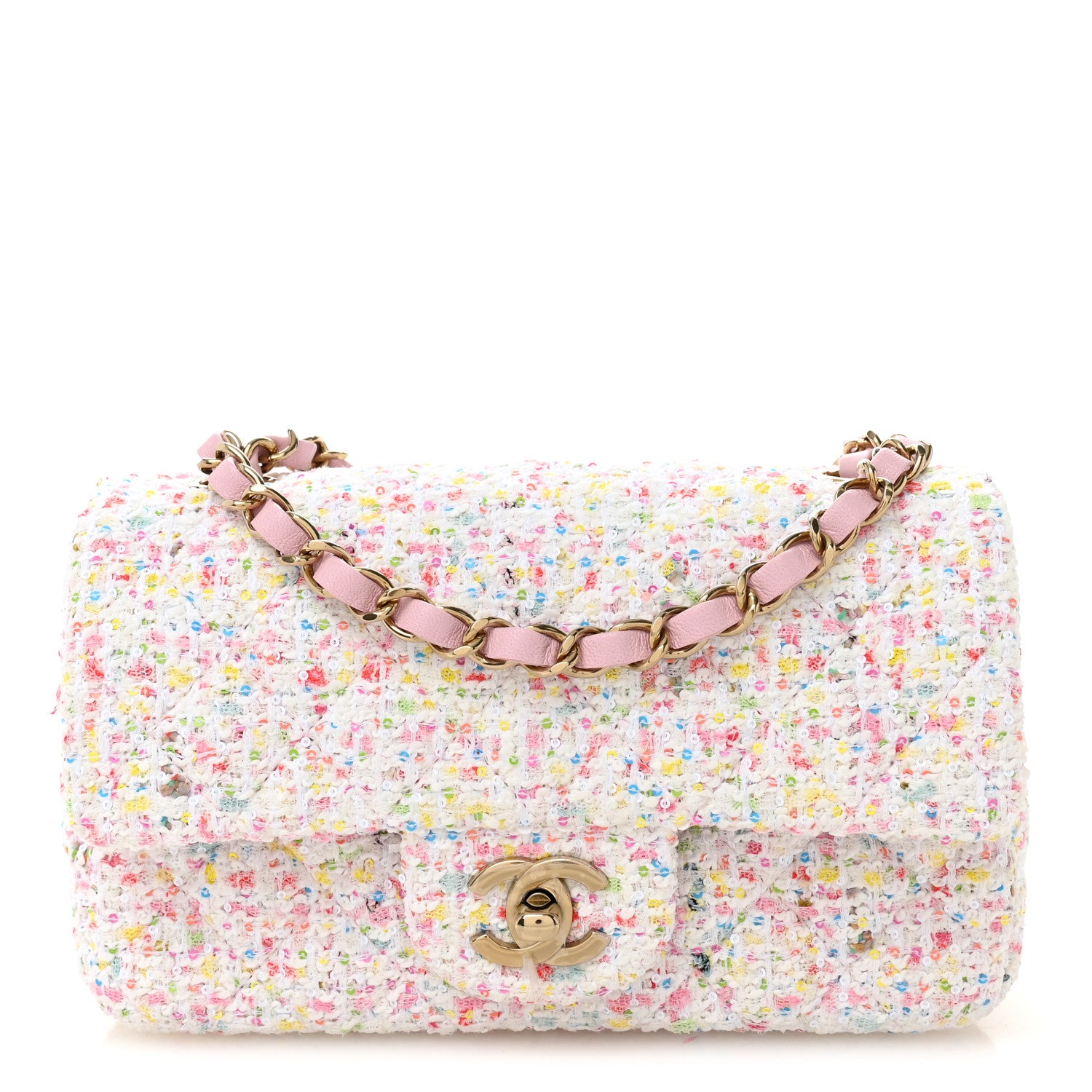 Chanel Tweed Sequin Quilted Mini Rectangular Flap White Pink Green Blue 1 of 10