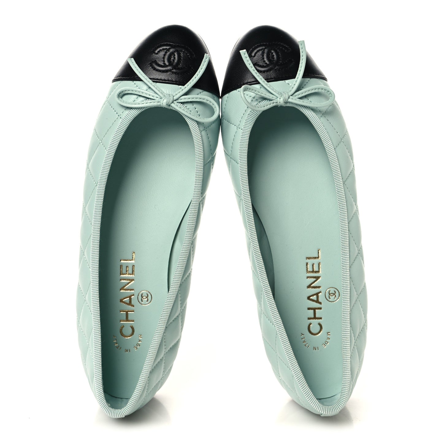 Lambskin Quilted CC Cap Toe Ballerina Flats 37 Light Blue Black