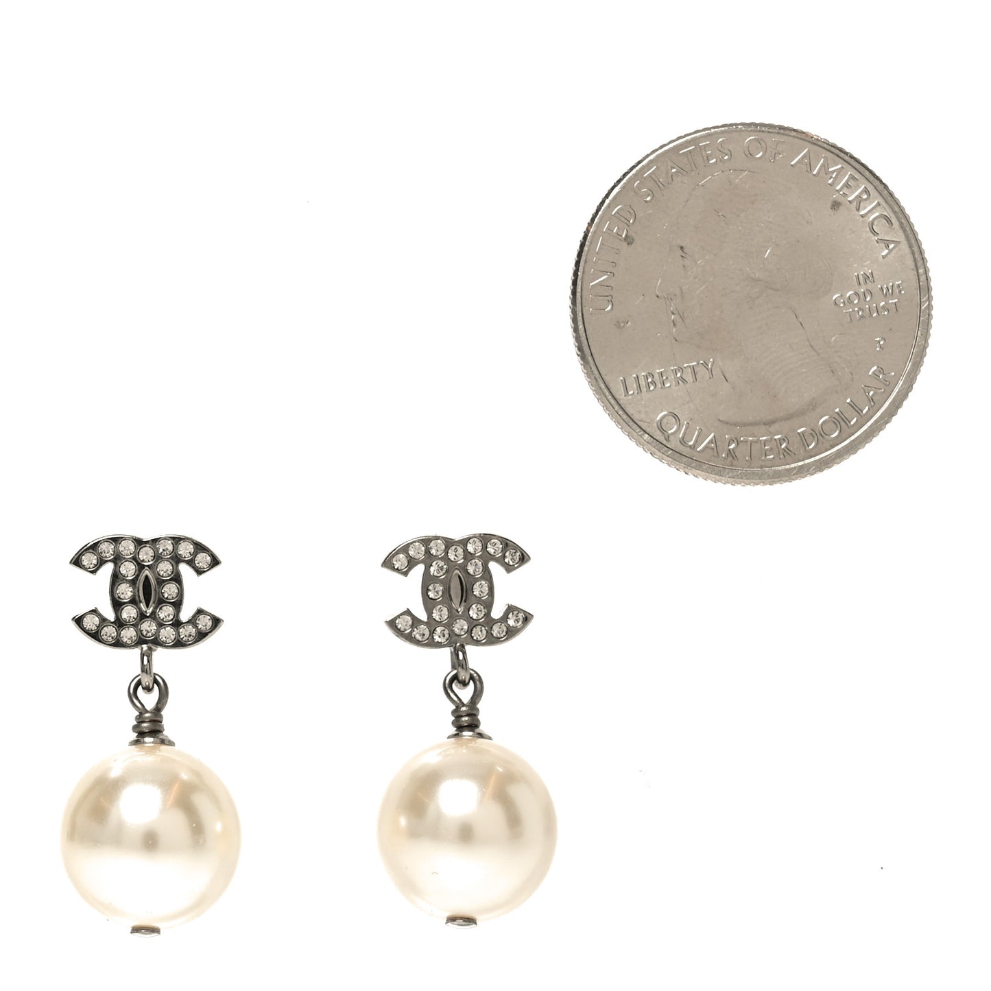 Crystal Pearl CC Drop Earrings Silver Pearly White