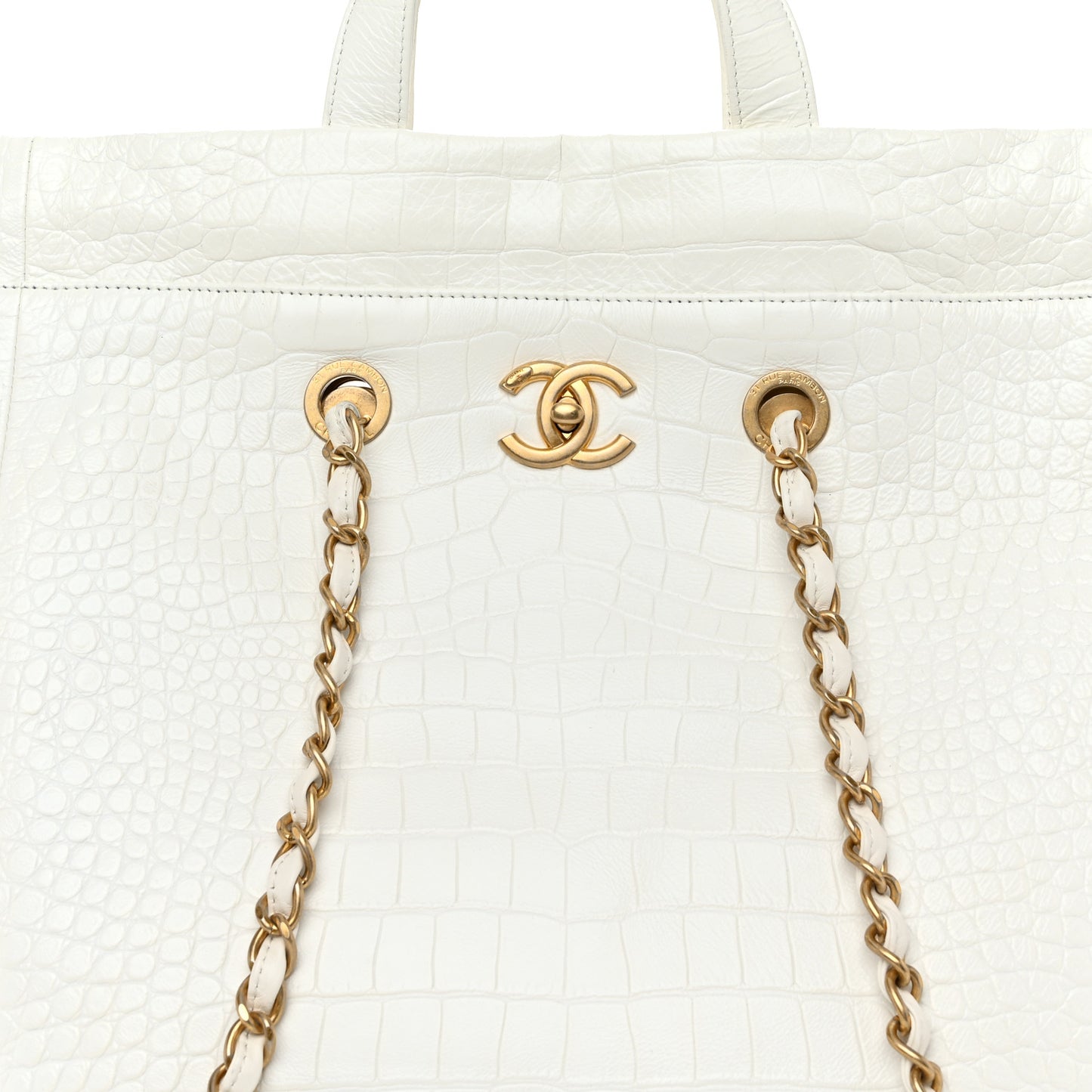 Calfskin Crocodile Embossed Large Cocodile Shopping Tote White