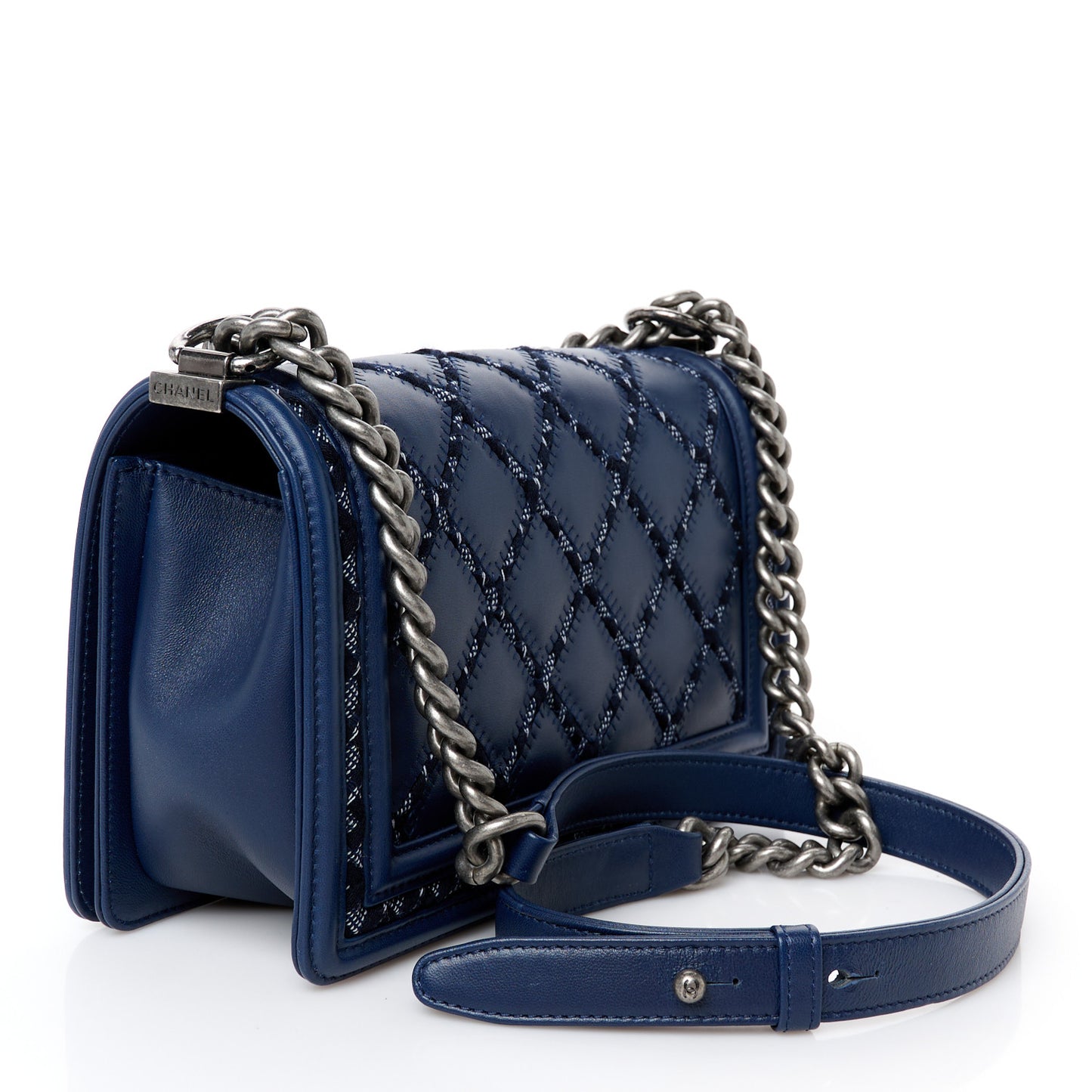Lambskin Tweed Double Stitch Medium Boy Flap Navy Blue
