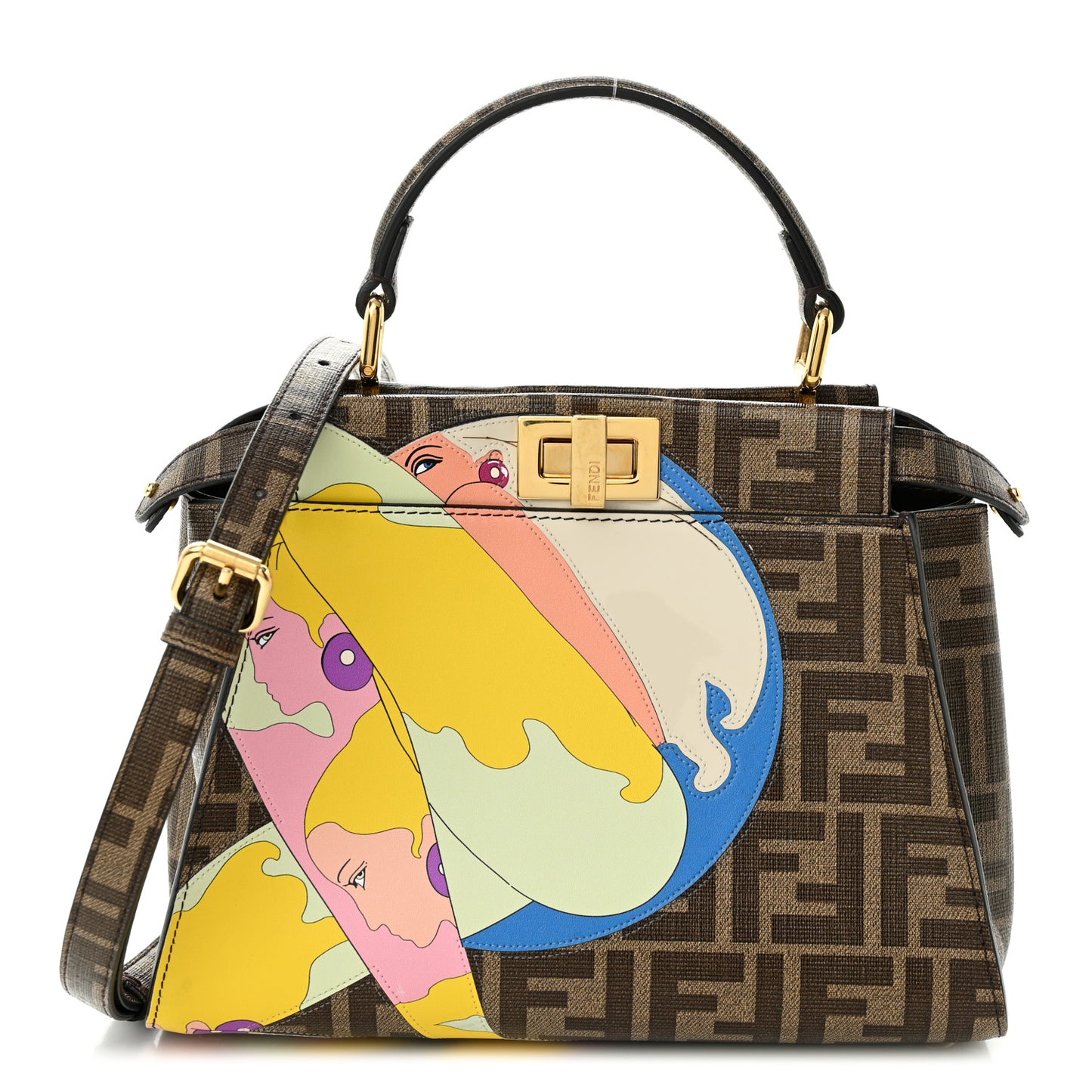 Glazed Fabric Vitello FF 1974 Hairdo Girls Inlay Mini Peekaboo Iconic Satchel Mogano Panna Multicolor