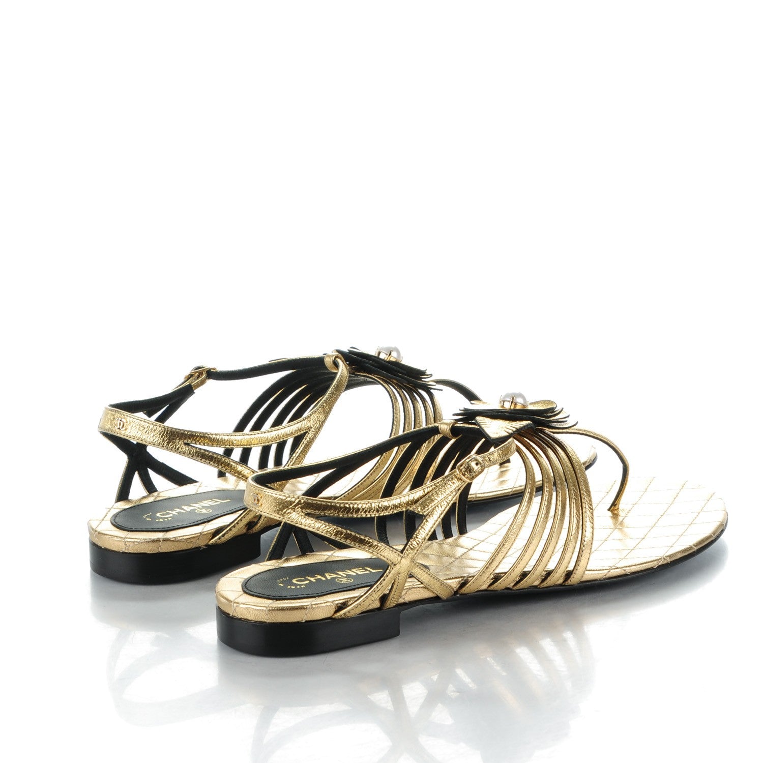 Chanel Crumpled Calfskin Camellia Pearl Thong Sandals 40 Gold 4 of 8
