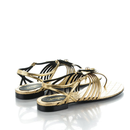 Chanel Crumpled Calfskin Camellia Pearl Thong Sandals 40 Gold 4 of 8