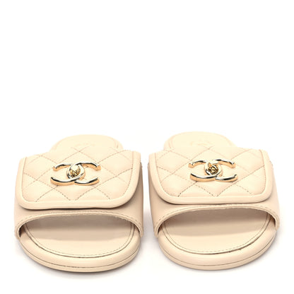 Chanel Lambskin Quilted Turnlock Flat Mules 37 Light Beige 2 of 10