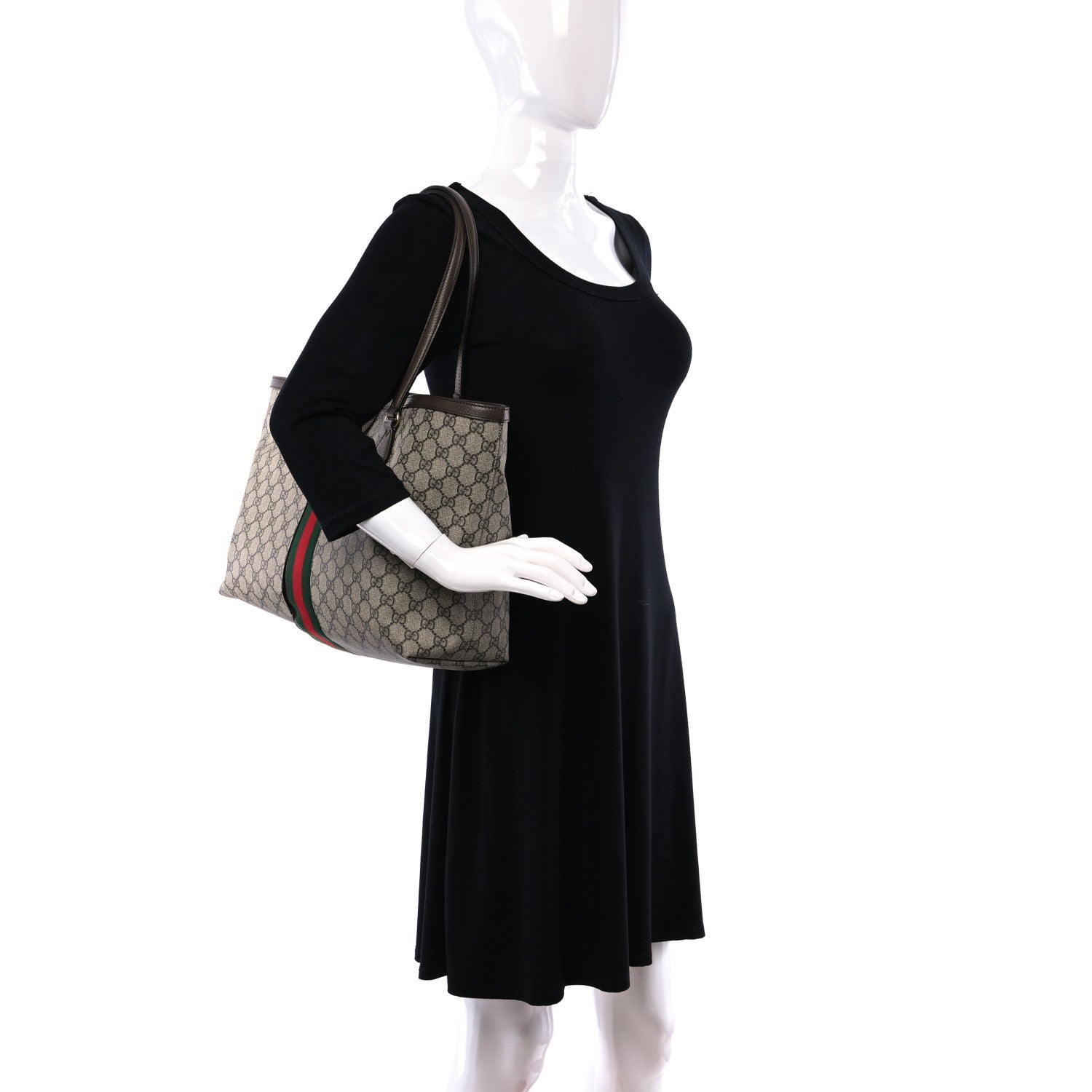 Gucci GG Supreme Monogram Textured Calfskin Web Medium Ophidia Shopping Tote Beige Ebony New Acero 3 of 11