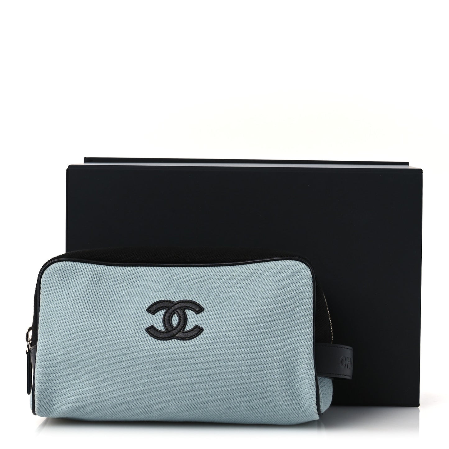 Canvas Calfskin Large Zippered Pouch Blue Black