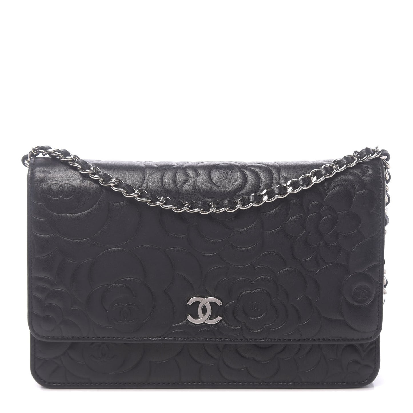 Lambskin Camellia Embossed Wallet on Chain WOC Black