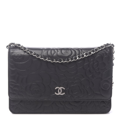 Chanel Lambskin Camellia Embossed Wallet on Chain WOC Black 1 of 12