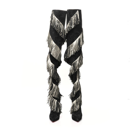 Christian Louboutin Veau Velours Lame Tweed Bolcheva 120 Thigh High Boots 38 Black Platine 2 of 6