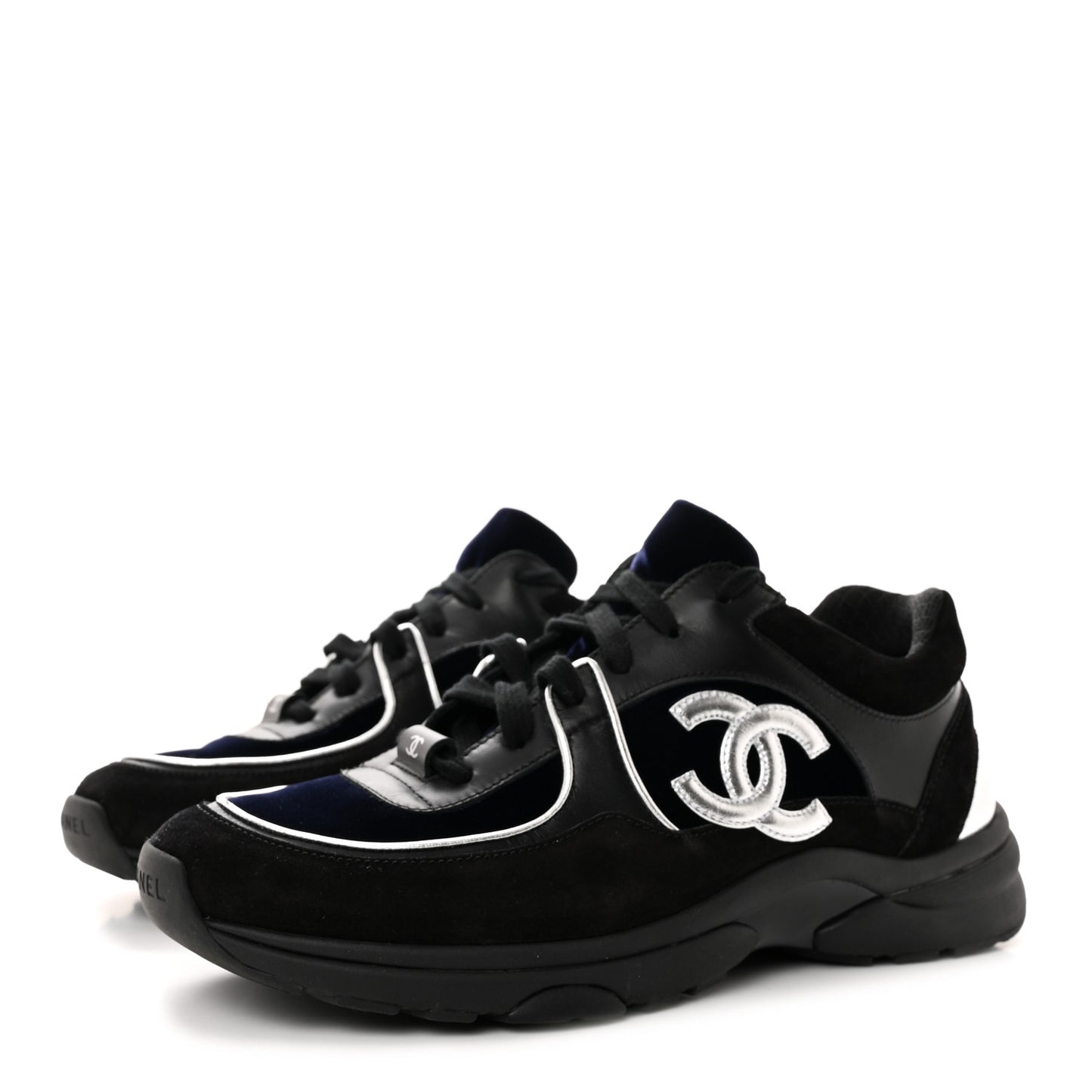 Suede Velvet Lambskin CC Sneakers 38.5 Black Blue Silver