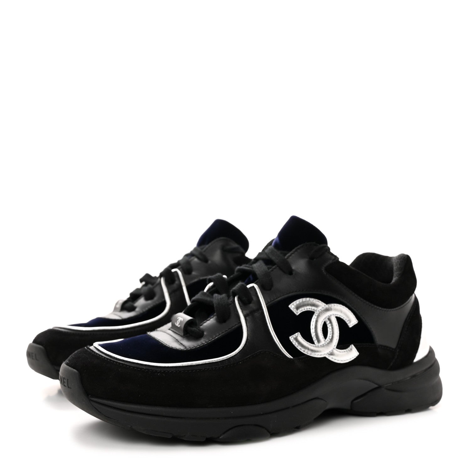 Chanel Suede Velvet Lambskin CC Sneakers 38.5 Black Blue Silver 3 of 9