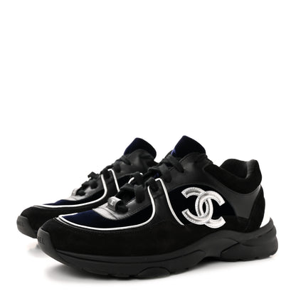Chanel Suede Velvet Lambskin CC Sneakers 38.5 Black Blue Silver 3 of 9