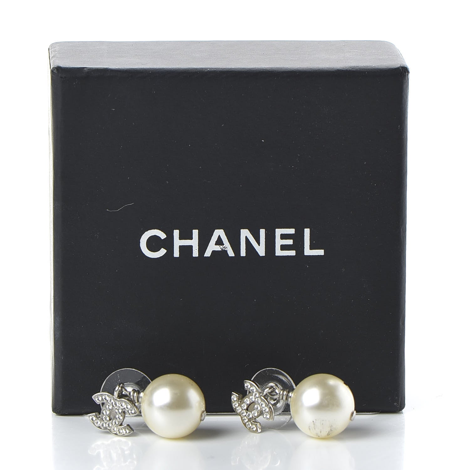 Chanel Crystal Pearl CC Drop Earrings Silver 4 of 6