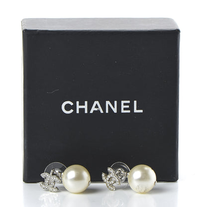 Chanel Crystal Pearl CC Drop Earrings Silver 4 of 6