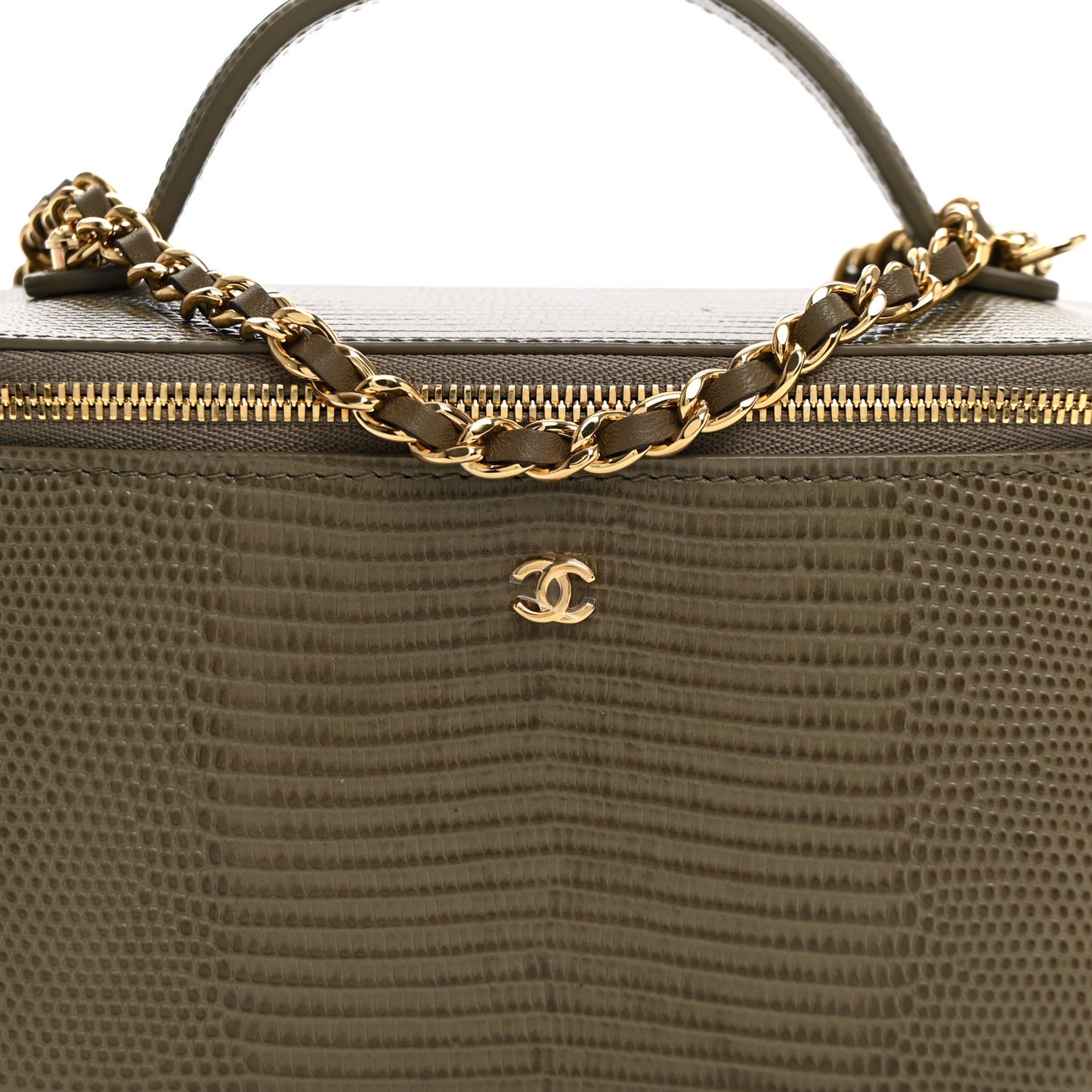 Calfskin Lizard Embossed Top Handle Slim Vanity With Chain  Dark Khaki