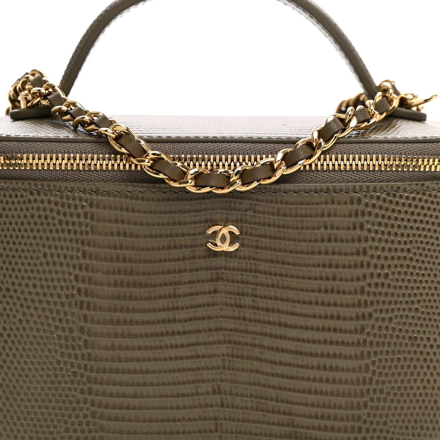 Chanel Calfskin Lizard Embossed Top Handle Slim Vanity With Chain  Dark Khaki 7 of 10
