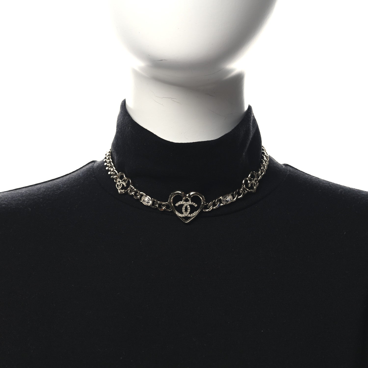 Chanel Metal Crystal Heart CC Chain Necklace Gold 2 of 5