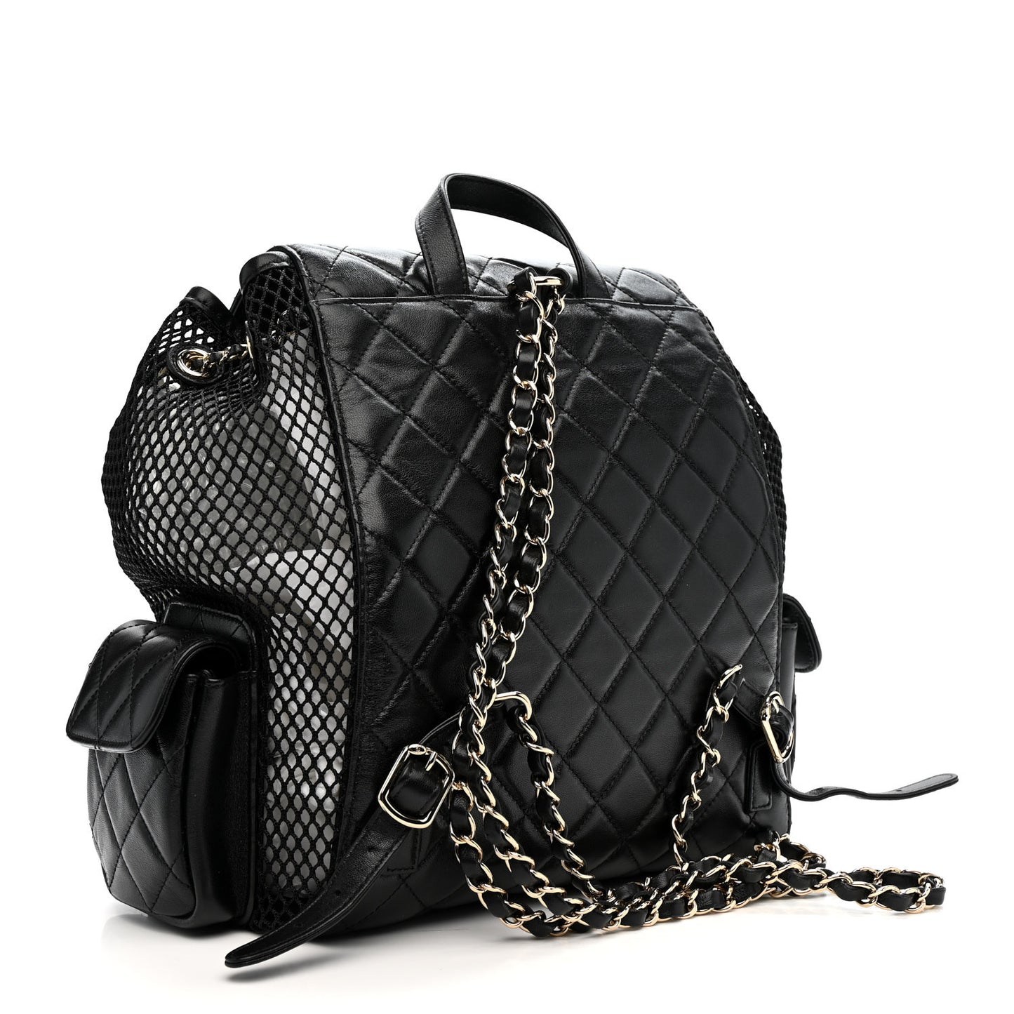 Shiny Lambskin Mesh Quilted Large Cargo Duma Drawstring Backpack Black