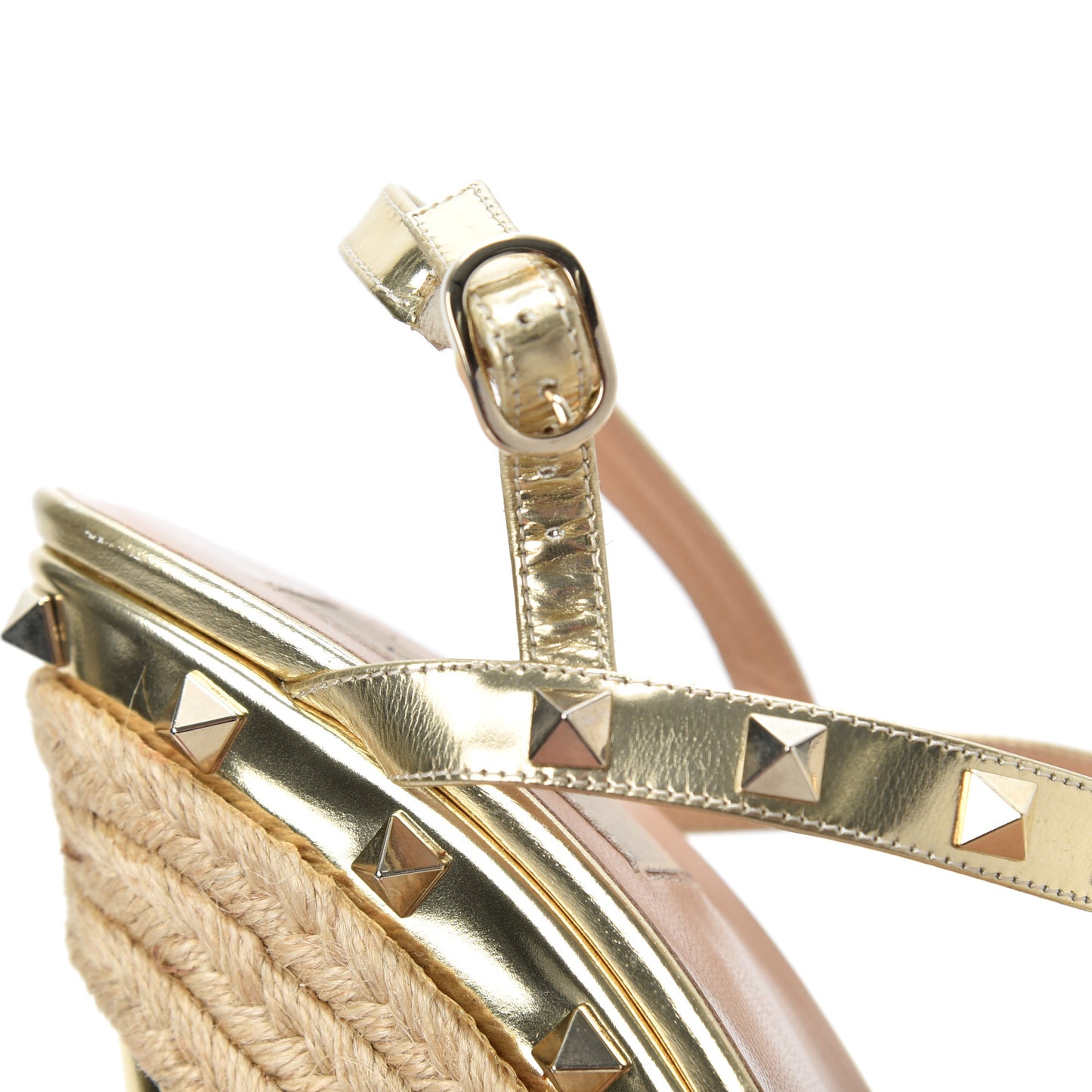 Metallic Calfskin Raffia Rockstud T-Strap Slingback Espadrille Wedge Sandals 39 Gold