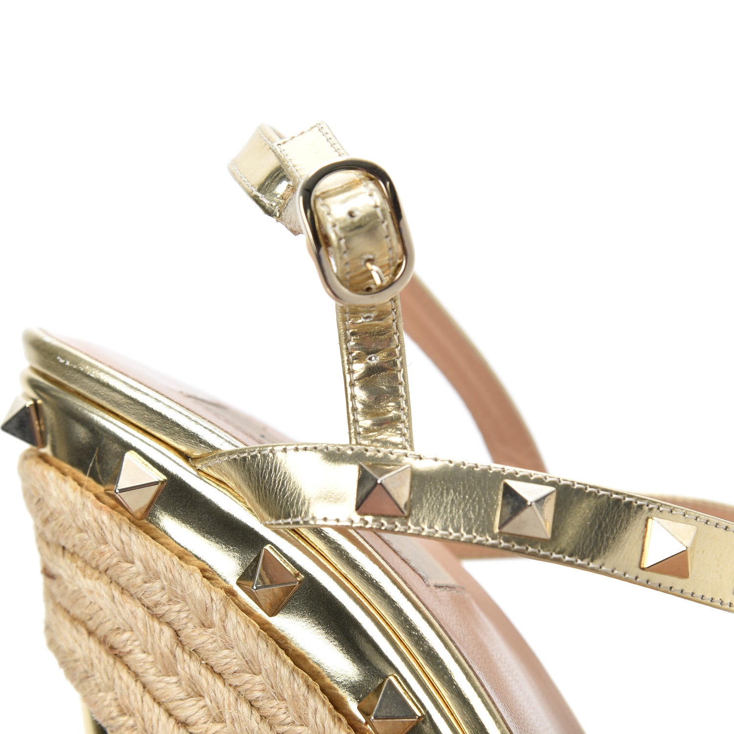 Valentino Garavani Metallic Calfskin Raffia Rockstud T-Strap Slingback Espadrille Wedge Sandals 39 Gold 15 of 21