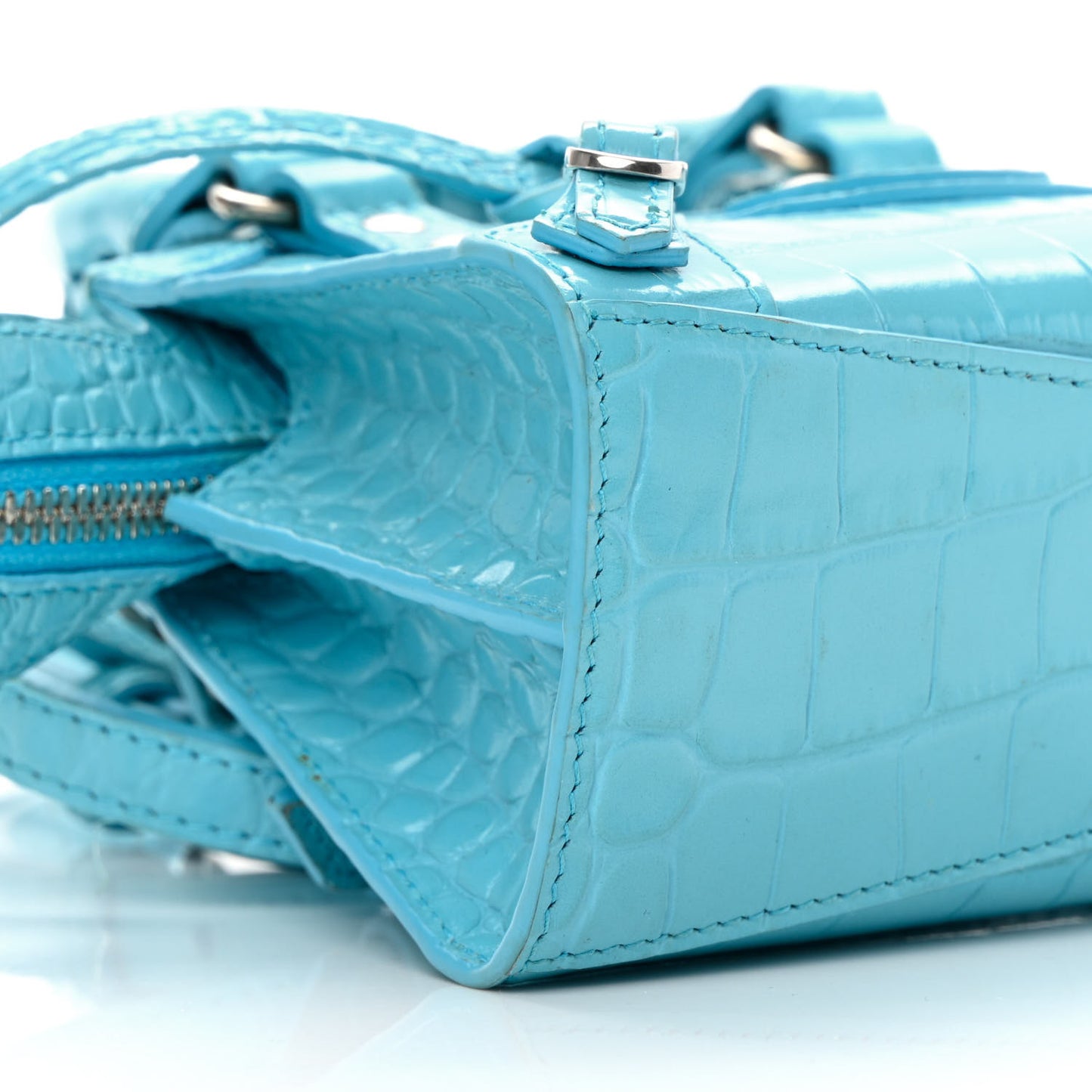 Calfskin Crocodile Embossed Neo Classic Silver Hardware Nano City Crossbody Azur