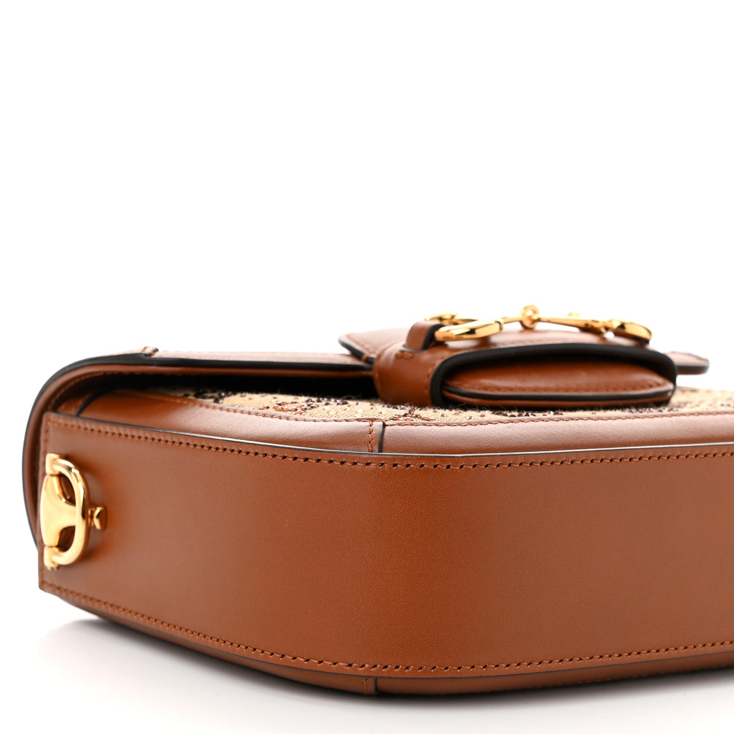 New Canvas Charisma Calfskin Crystal GG Monogram Mini Horsebit 1955 Shoulder Bag Camel Ebony