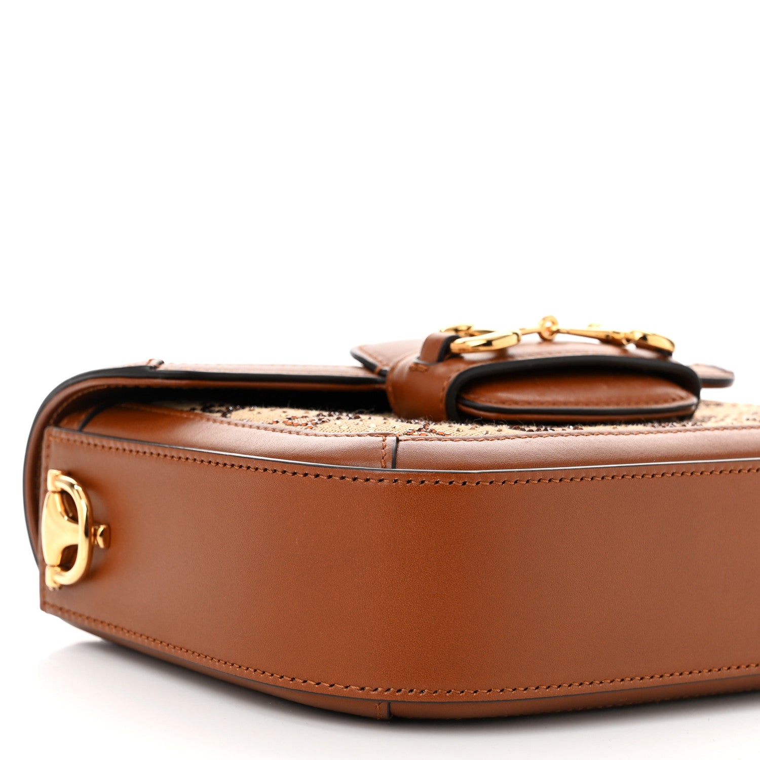 Gucci New Canvas Charisma Calfskin Crystal GG Monogram Mini Horsebit 1955 Shoulder Bag Camel Ebony 9 of 10
