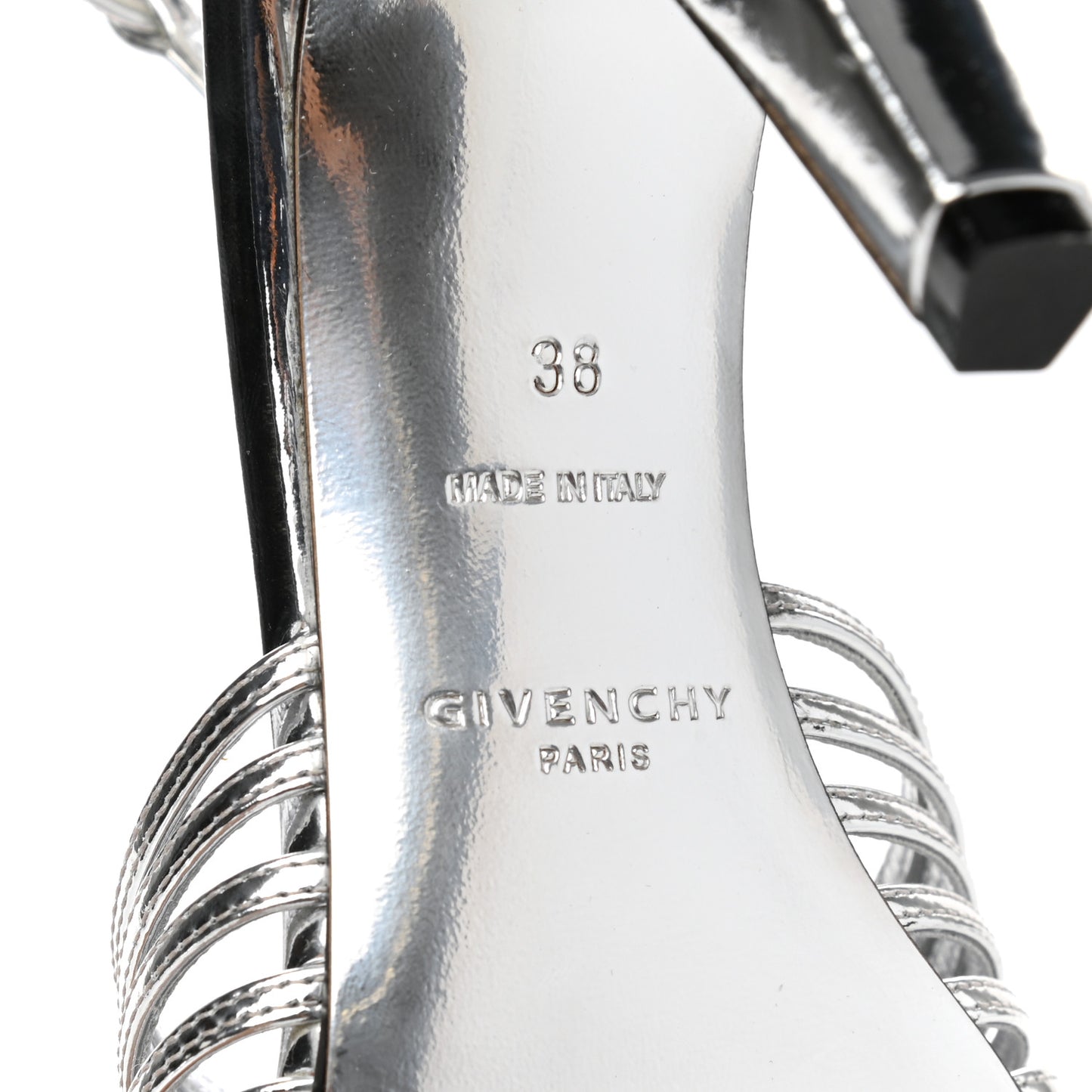Metallic Calfskin Look Book Cage Sandals 38 Silver