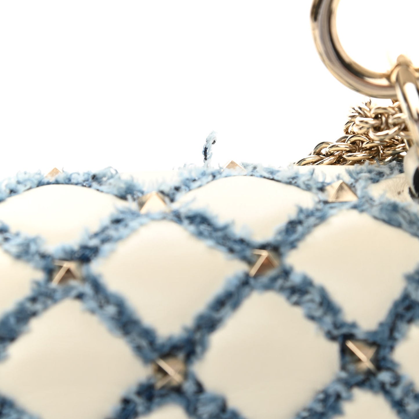 Nappa Denim Quilted Rockstud Medium Spike Shoulder Bag Ivory Blue