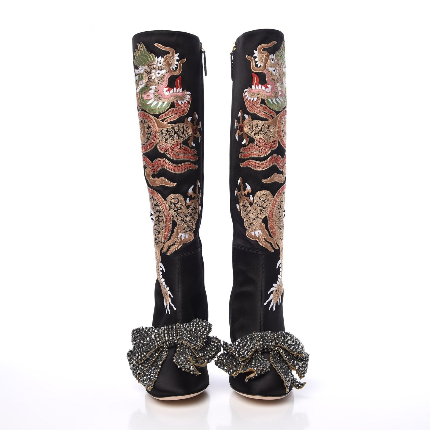 Silk Satin Malaga Kid Embroidered Candy Dragon Block-Heel Knee Boot 39 Black