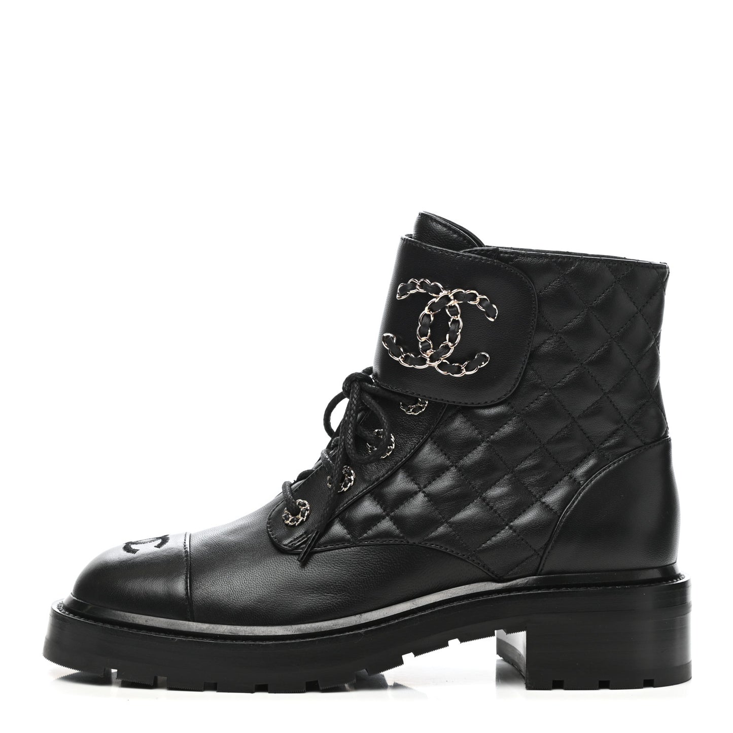Shiny Lambskin Quilted Lace Up Combat Boots 39.5 Black