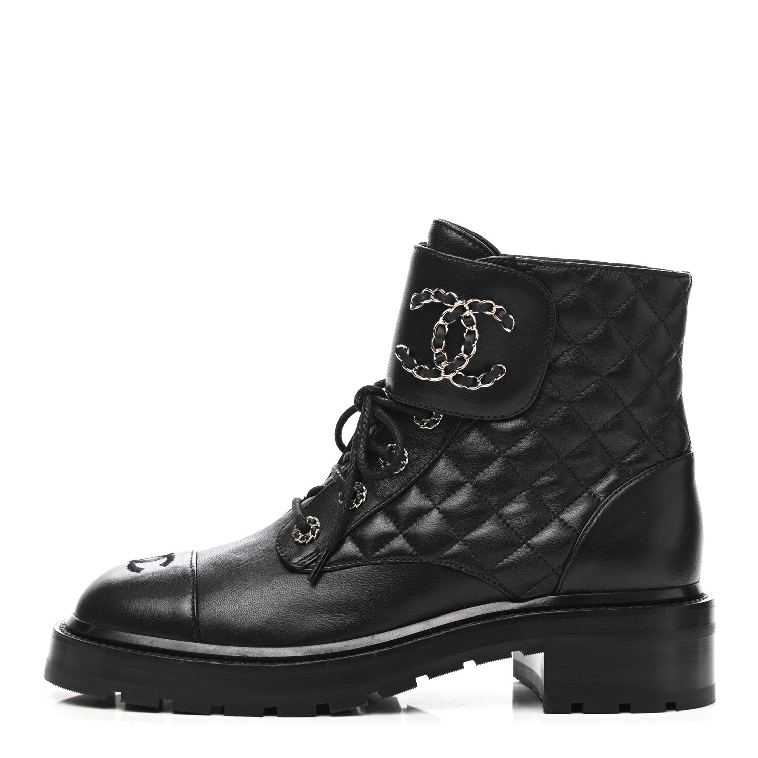 Chanel Shiny Lambskin Quilted Lace Up Combat Boots 39.5 Black 1 of 7