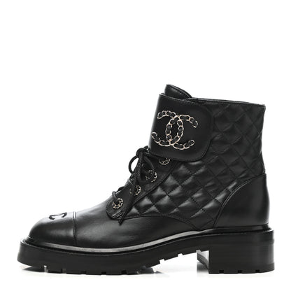 Chanel Shiny Lambskin Quilted Lace Up Combat Boots 39.5 Black 1 of 7