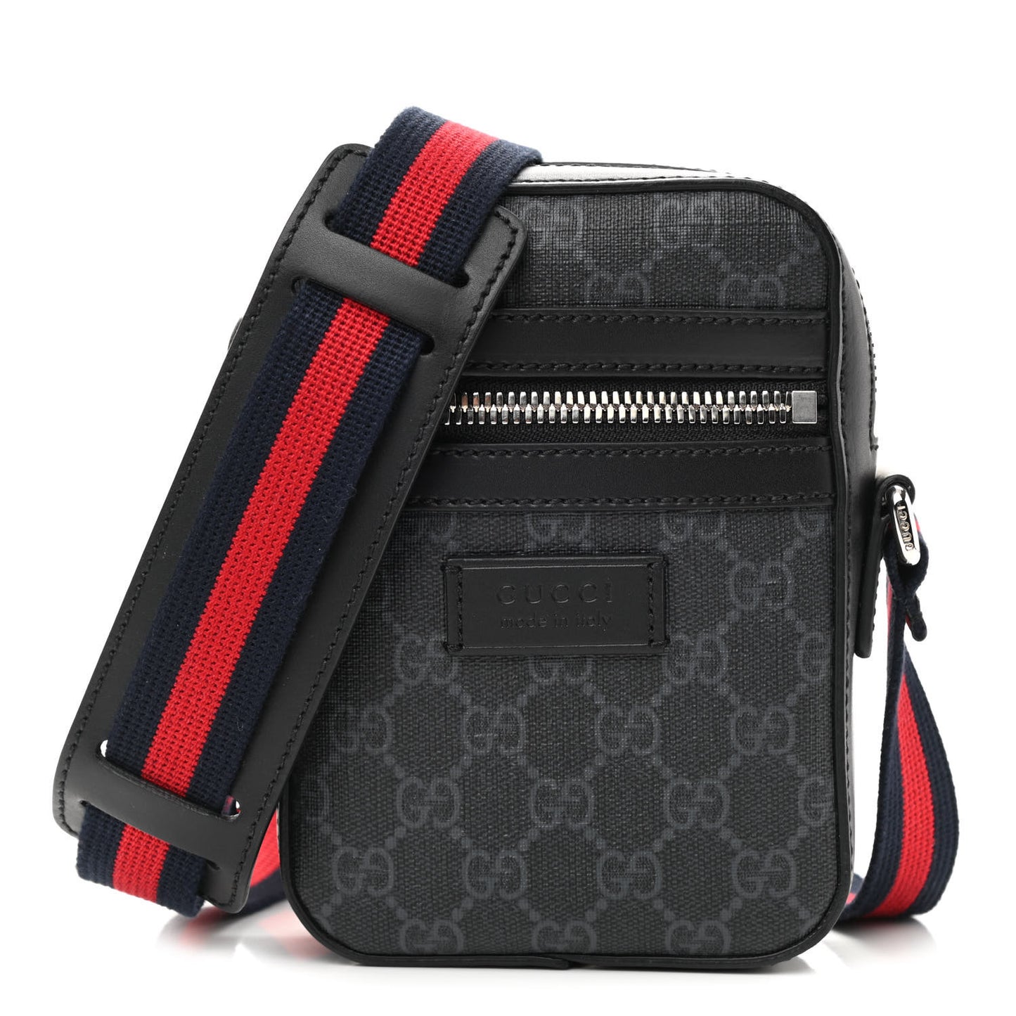 GG Supreme Monogram Appia Calfskin Web Small Camera Messenger Bag Black Grey