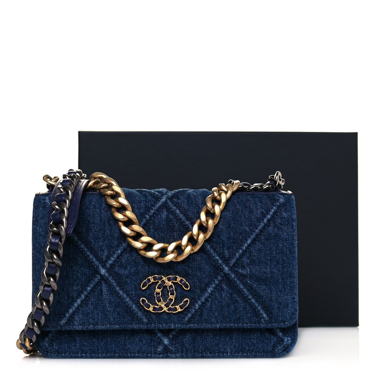 Denim Quilted Chanel 19 Wallet On Chain WOC Blue