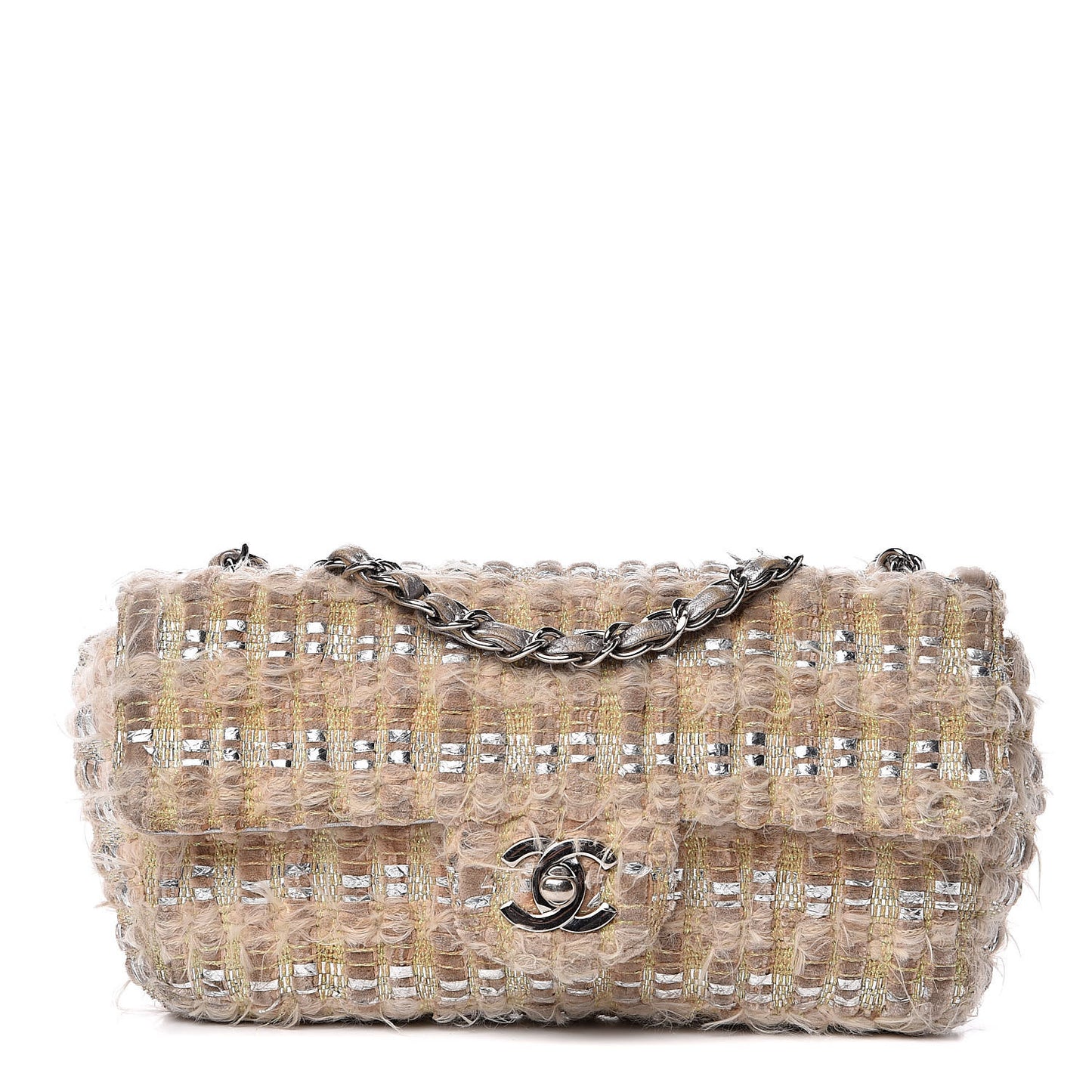 Tweed Quilted Single Flap Beige