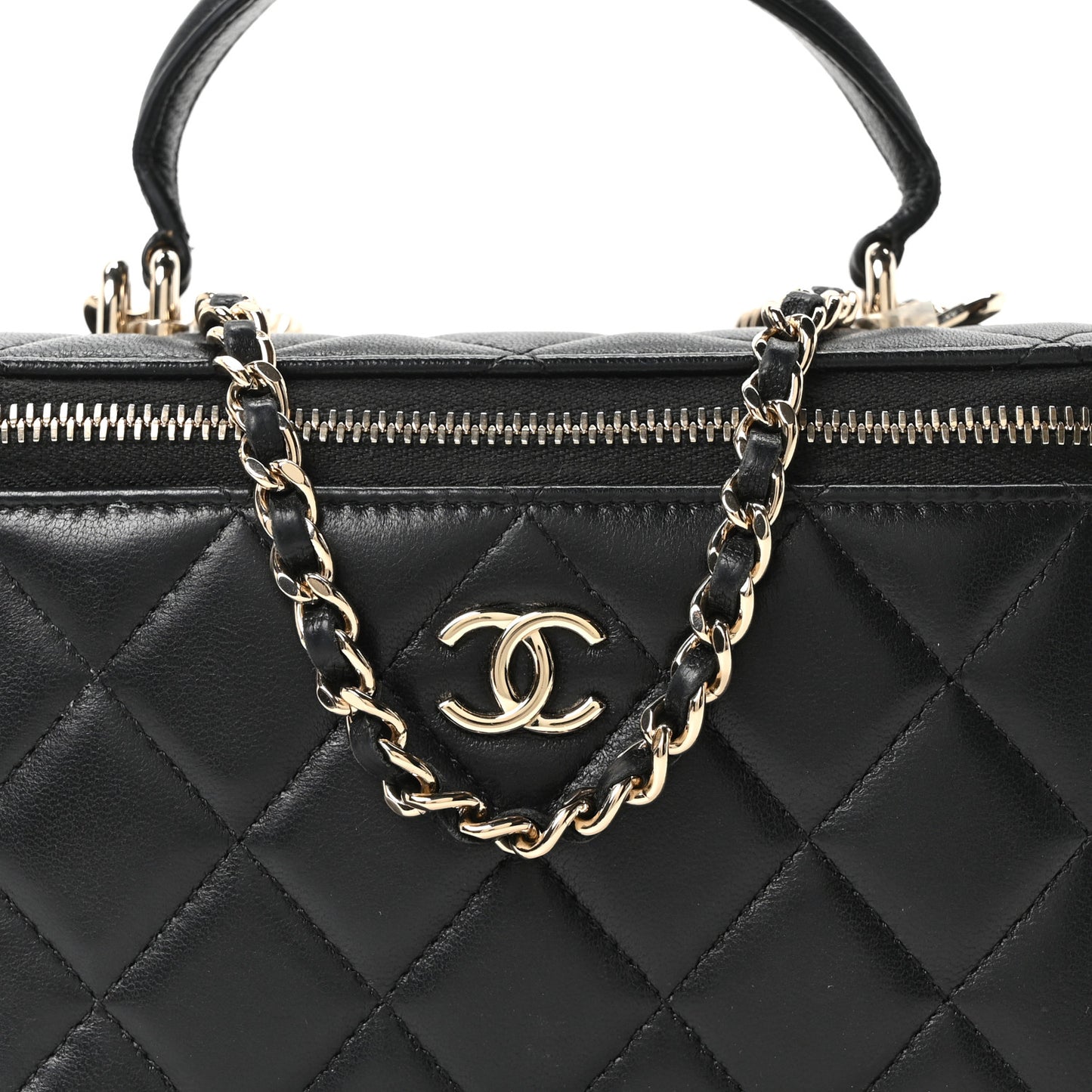 Lambskin Quilted Small Top Handle Vanity Case With Chain Black