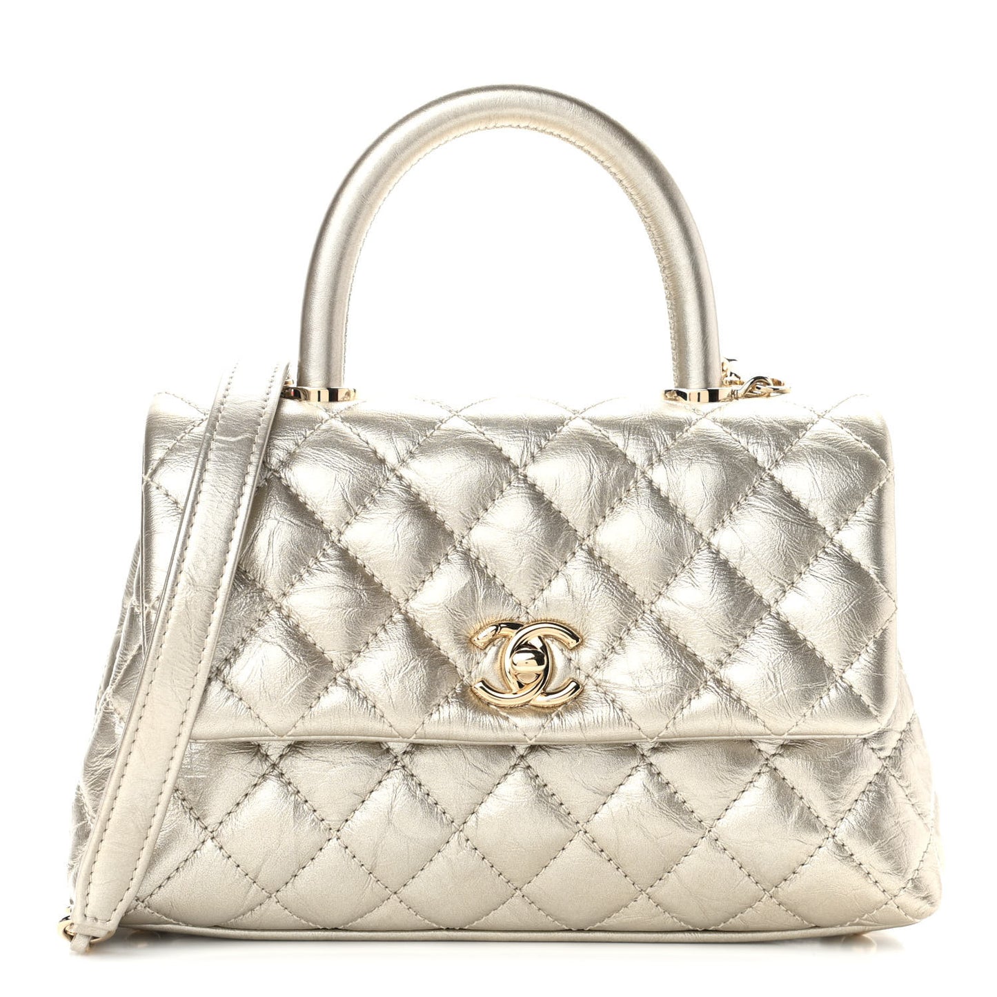 Metallic Aged Calfskin Quilted Mini Coco Handle Flap Gold