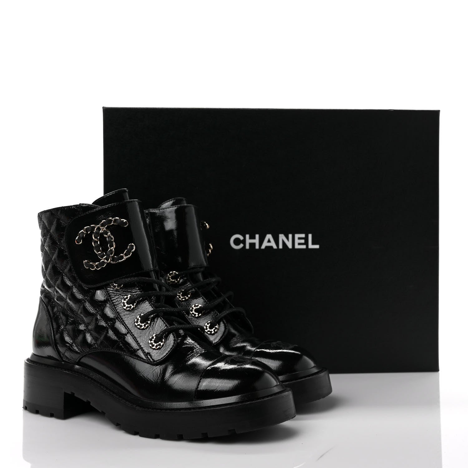 Chanel Shiny Calfskin Quilted Lace Up Combat Boots 37.5 Black 9 of 9