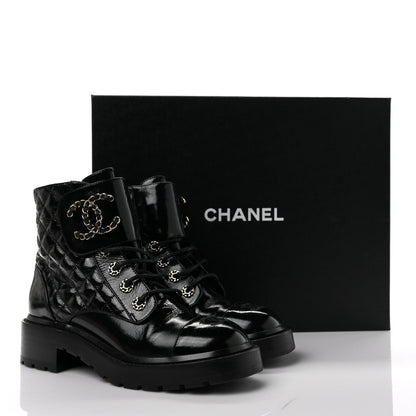Chanel Shiny Calfskin Quilted Lace Up Combat Boots 37.5 Black 9 of 9