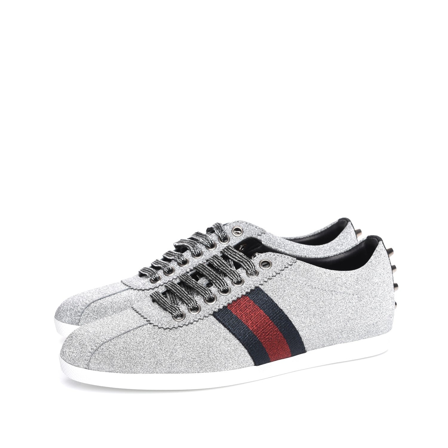 Gucci Glitter Fabric Studded Web Sneakers 38.5 Silver 3 of 12