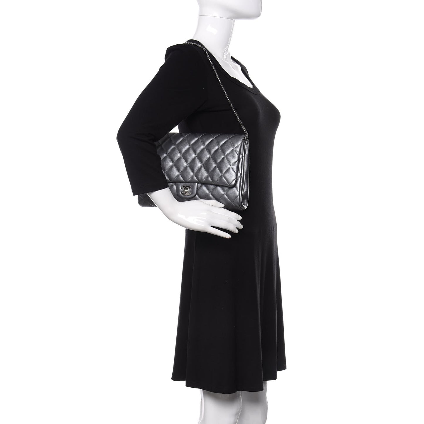 Metallic Lambskin Quilted Clutch With Chain Flap Dark Grey