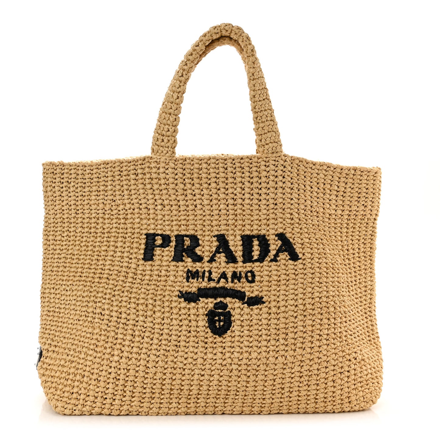 Yarn Raffia Effect Crochet Embroidered Logo Tote Naturale