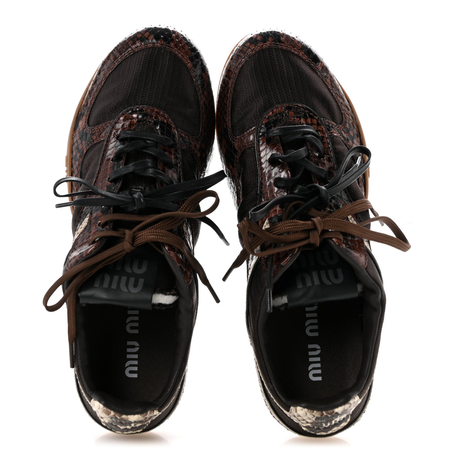 Technical Fabric Calfskin Snakeskin Effect Gymnasium Sneakers 38 Moro Tobacco