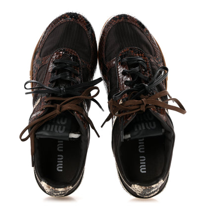 Miu Miu Technical Fabric Calfskin Snakeskin Effect Gymnasium Sneakers 38 Moro Tobacco 2 of 9