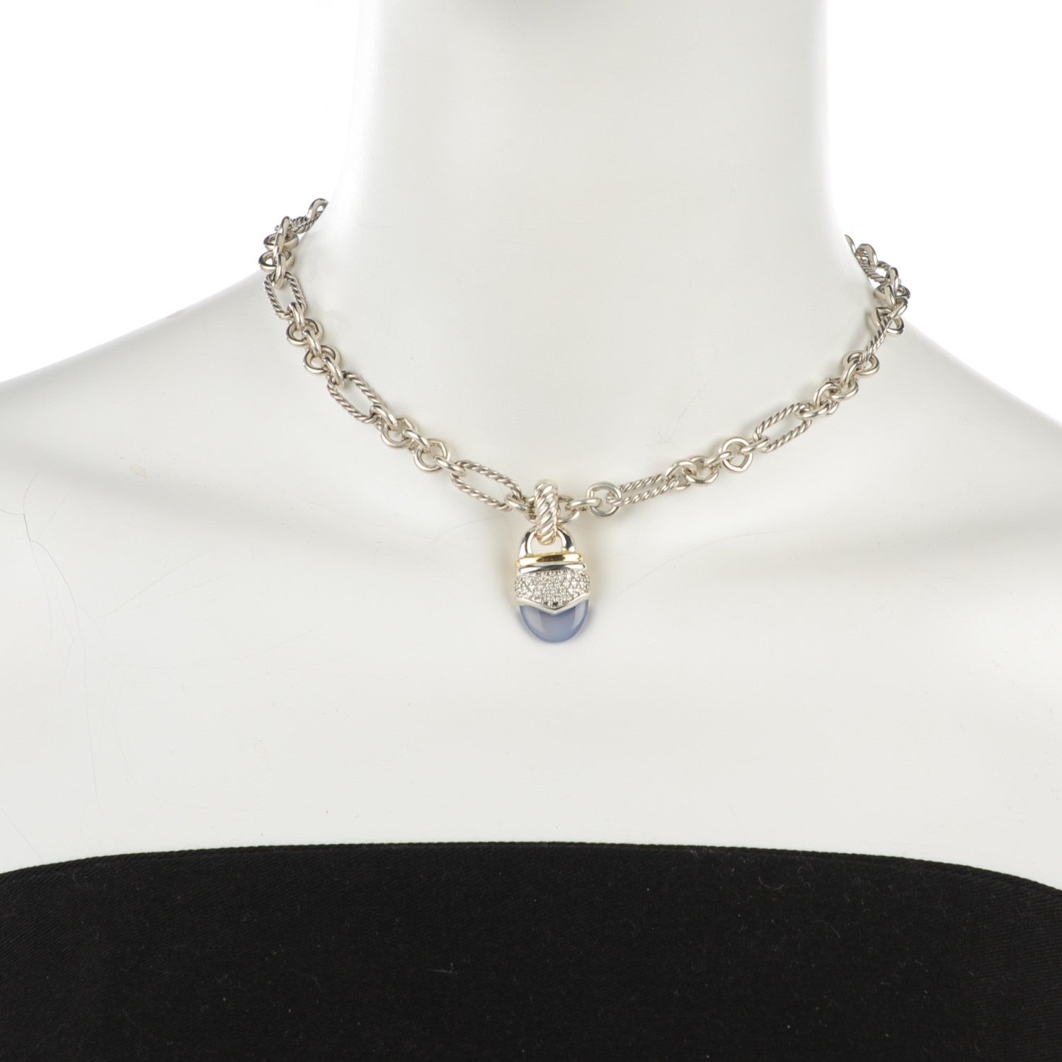 David Yurman Sterling Silver 18K yellow Gold Pave Diamond Chalcedony 25mm Acorn Figaro Necklace 2 of 8