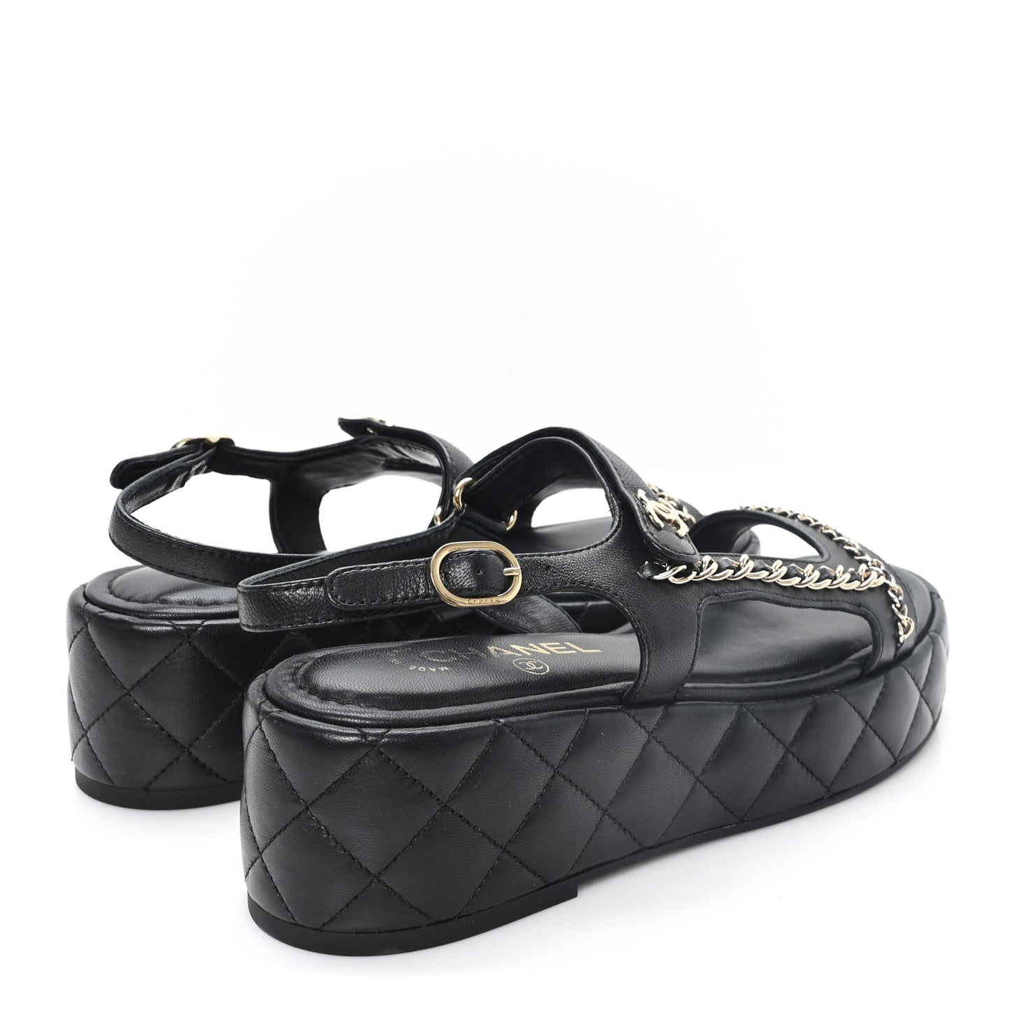 Lambskin Quilted Chain CC Platform Sandals 39.5 Black