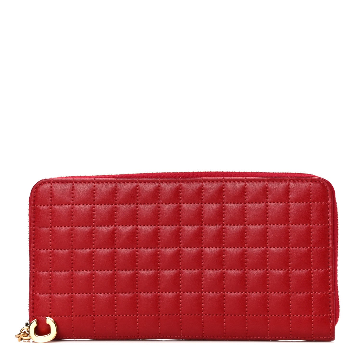 Celine Lambskin Quilted Large C Charm Zip Around Wallet Red 1 of 13